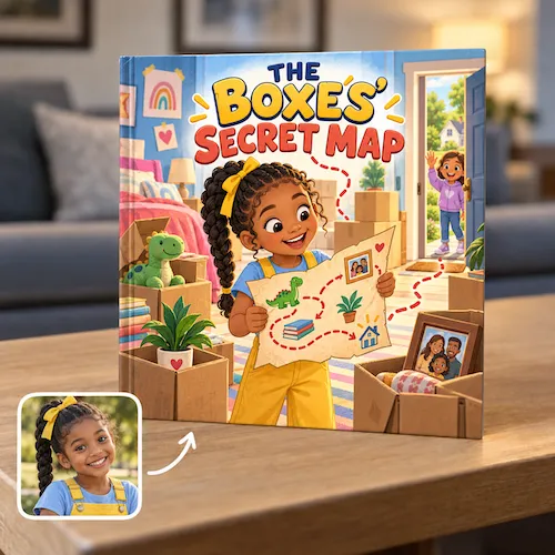 Moving house storybook, The Boxes' Secret Map: a girl holds a map among moving boxes in her new bedroom