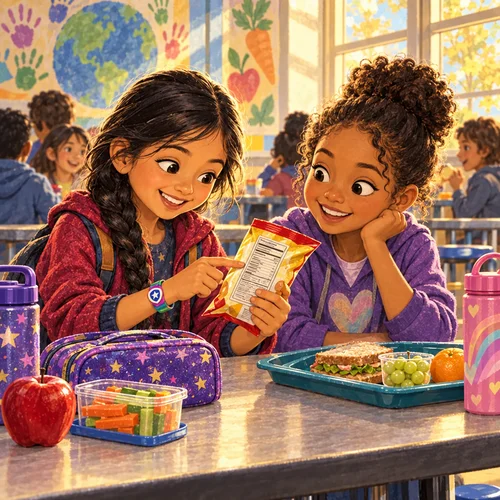 Inside page of a food allergy book: Anika shows a friend how to read the label on a snack at lunch