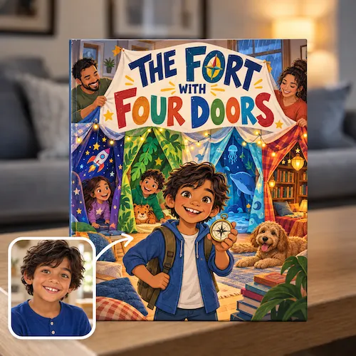 Stepfamily storybook, The Fort with Four Doors: a boy with a compass in front of a blanket fort his new siblings share