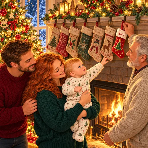 Inside page of a personalized baby's first Christmas book: Grandpa hangs Leo's new red stocking beside six older ones while Mom holds Leo up to reach it
