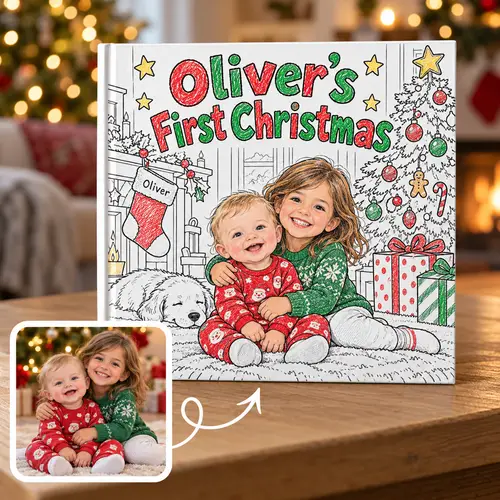 First Christmas coloring book made from a sibling photo: Oliver's First Christmas, a big sister hugs baby Oliver by the tree, partly colored in crayon