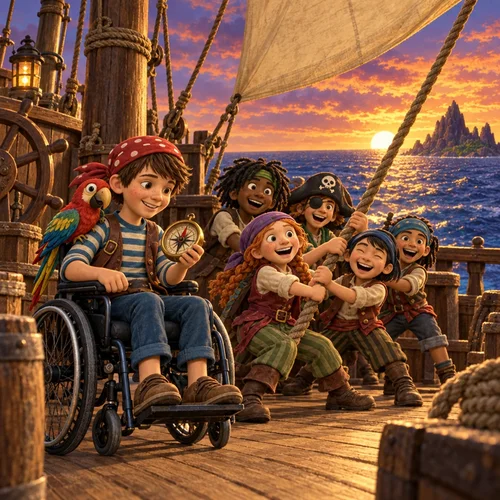 Inside page of a personalized pirate book: Charlie reads the compass from his wheelchair as his crew hauls the rope