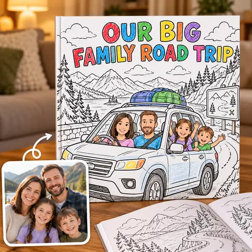 Personalized coloring book made from a family photo: Our Big Family Road Trip, Mom, Dad, and two kids wave from the car on a mountain road