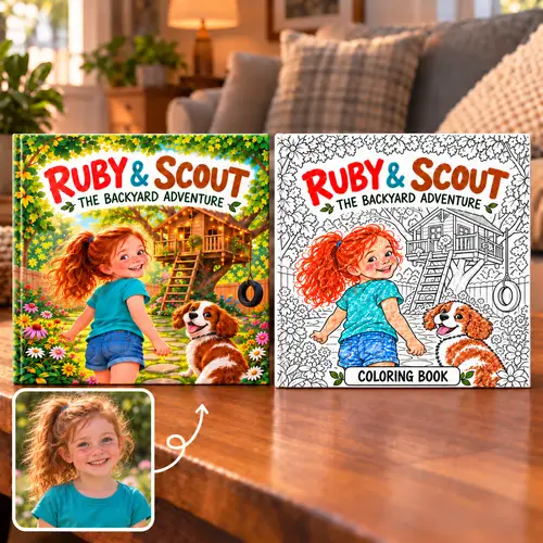 Full-color book and matching coloring book made from one photo: Ruby & Scout, The Backyard Adventure, a red-haired girl and her dog by a treehouse