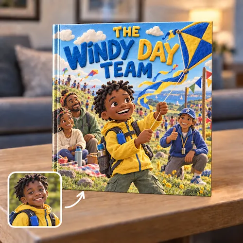Asthma storybook, The Windy Day Team: a boy flies a kite at a festival with his inhaler pouch, drawn from his photo