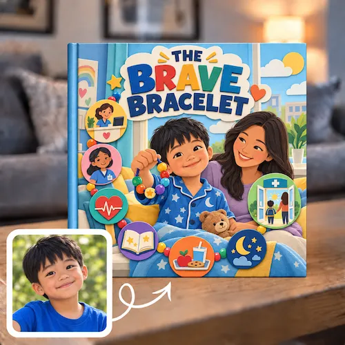 Personalized hospital story, The Brave Bracelet: a boy in a hospital bed holds a bead bracelet with his mom beside him
