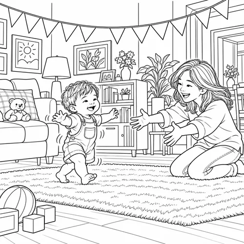 Line-art page from a personalized first birthday coloring book: baby Noah takes his first steps across the rug toward Mom's open arms under party bunting