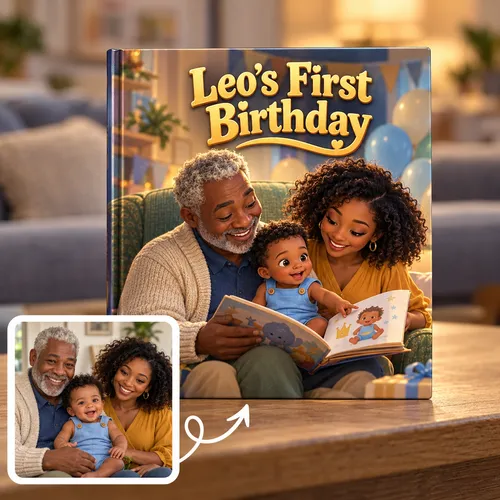 First birthday keepsake made from a family photo: Leo's First Birthday, Grandpa and Mom read with baby Leo, who points at himself in the book