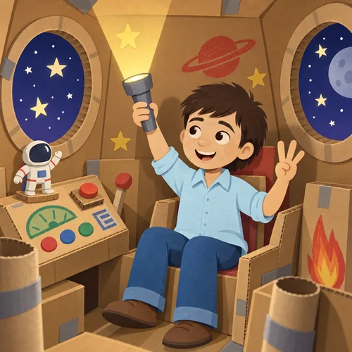 Inside page of a personalized early reader: Genie counts down with a flashlight inside his cardboard-box rocket