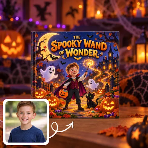 Personalized Halloween book, The Spooky Wand of Wonder: a boy in a vampire cape trick-or-treats with friendly ghosts and pumpkins