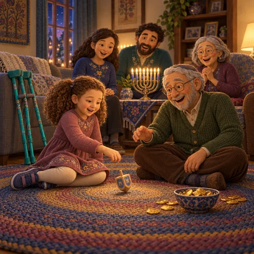 Inside page of a personalized Hanukkah book: Hannah plays dreidel with her grandpa after the menorah is lit