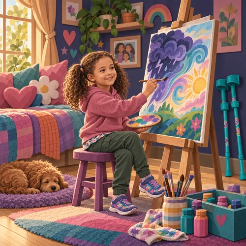 Inside page of a book about feelings: Hannah paints a stormy swirl turning calm, her forearm crutches by the wall