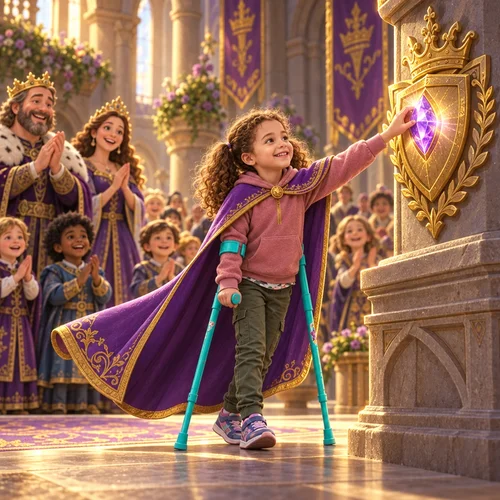 Inside page of a personalized princess book: Hannah, on her forearm crutches, sets the sparkle stone into the castle crest