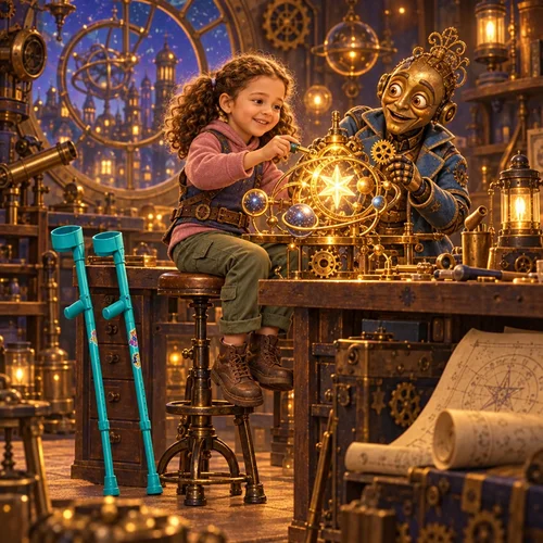 Inside page of an inclusive storybook: Hannah fixes a glowing star machine with her robot friend, her forearm crutches beside her