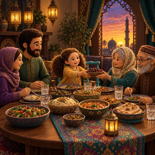 Inside page of a personalized Ramadan book: Hannah passes dates around the iftar table at sunset