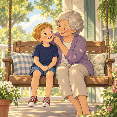 Inside page of a grandparent gift book: Grandma counts Jackson's freckles on the porch swing