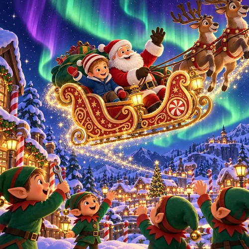 Inside page of a personalized Christmas book: Jackson rides in Santa's sleigh under the northern lights as elves cheer