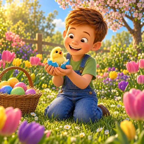 Inside page of a personalized Easter book: a fluffy chick hatches from the blue egg in Jackson's hands