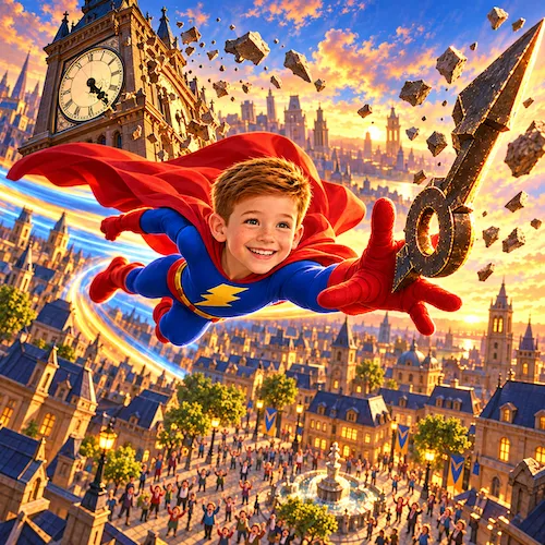 Inside page of a personalized superhero book: Jackson in his red cape flies over a cheering city to catch a giant clock hand falling from the tower