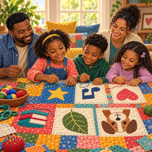 Inside page of a blended family book: Janet and her new siblings sew squares onto the family welcome quilt
