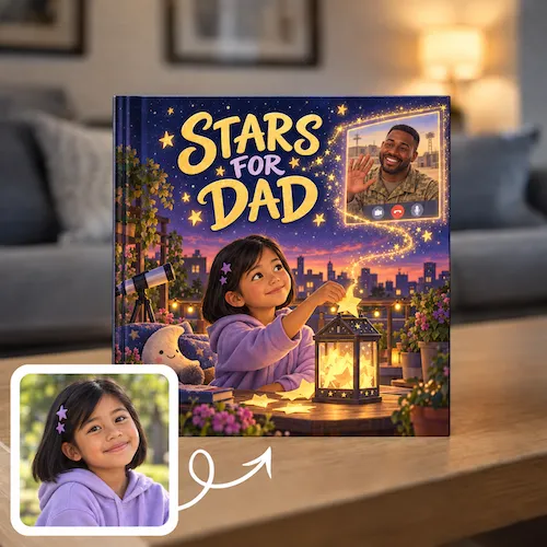 Book for military kids, Stars for Dad: a girl with a lantern video-calls her deployed dad, drawn from her photo