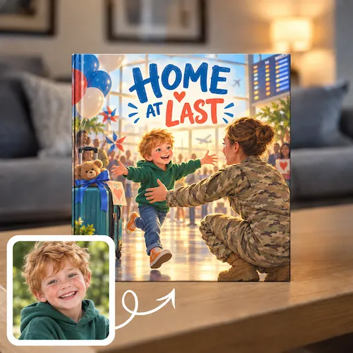 Military homecoming book, Home at Last: a boy runs into his mom's arms at the airport as she returns in uniform