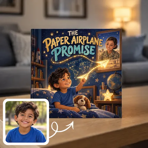 Deployment book for kids, The Paper Airplane Promise: a boy sends a glowing paper airplane toward a photo of his mom in uniform