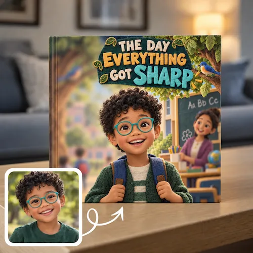Book about getting glasses, The Day Everything Got Sharp: a boy in new glasses smiles on his way to class, drawn from his photo