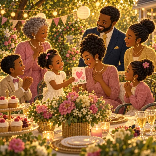 Inside page of a personalized Mother's Day book: Keisha hands her mom a homemade card at a family celebration