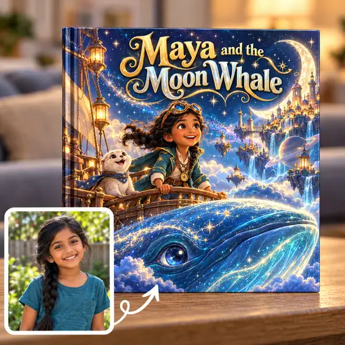 A girl's photo turned into the hero of her own book: Maya and the Moon Whale, sailing a starry ship above a glowing whale