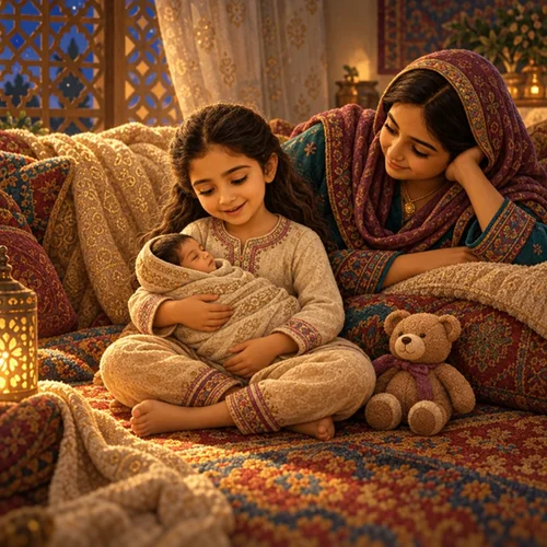 Inside page of a big sister book: Maliha hums a lullaby to her newborn sibling while mom rests beside them