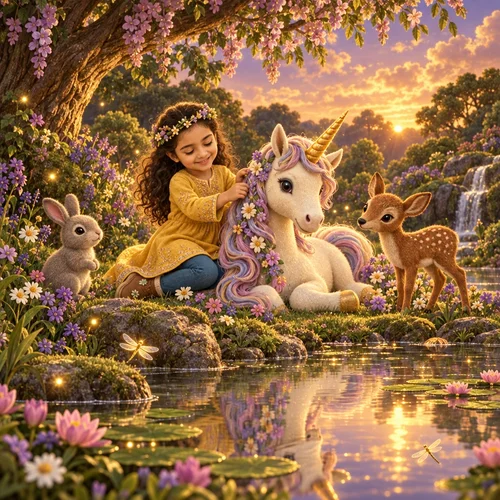 Inside page of a personalized unicorn book: Maliha braids flowers into the unicorn's mane beside a pond