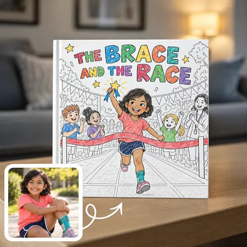 Coloring-style book for a kid with a leg brace, The Brace and the Race: a girl breaks the finish-line ribbon