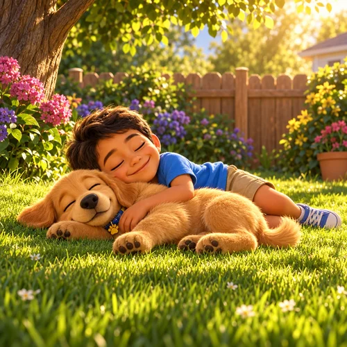 Inside page of a personalized book with a dog: Mateo naps in the sun with his golden retriever puppy
