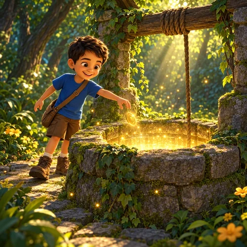 Inside page of a storybook gift for a nephew: Mateo drops a golden coin into a glowing stone well in the forest