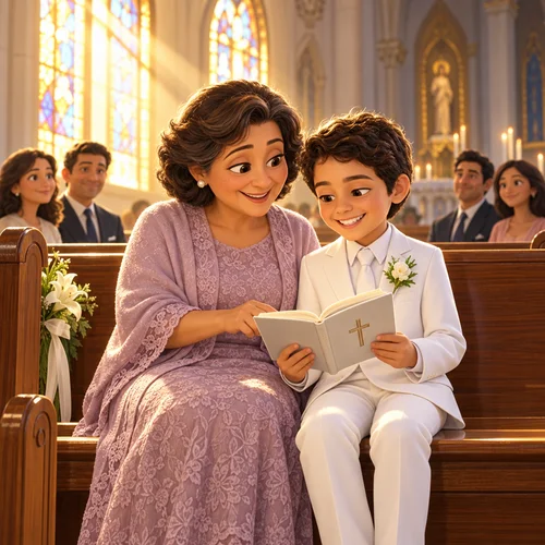 Inside page of a First Communion book: Mateo in his white suit reads his prayer book with his grandmother in the pew