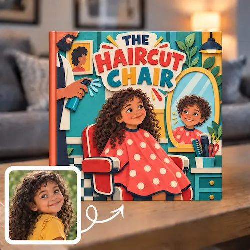 Paper-cut first haircut book, The Haircut Chair: a curly-haired girl smiles in the barber's chair