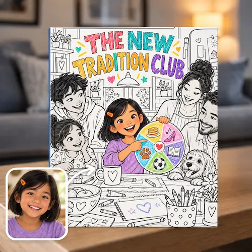 Coloring-style blended family book, The New Tradition Club: a girl spins a family tradition wheel with her new family