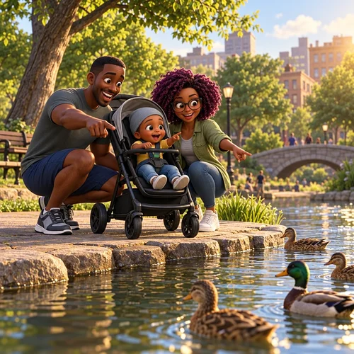 Inside page of a personalized family storybook: Jaxon's parents show him the ducks at the city park pond