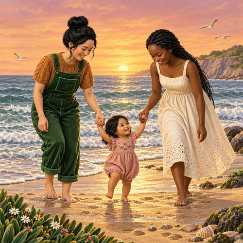 Inside page of a two moms book: baby Sage takes her first steps on the beach holding both moms' hands
