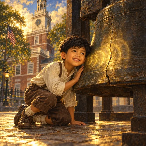 Inside page of a personalized history book: Noah listens at the crack in the Liberty Bell outside Independence Hall