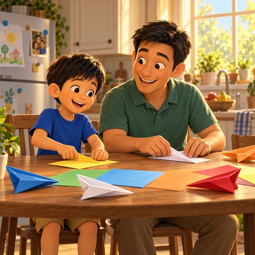 Inside page of a personalized adoption book: Noah and his dad fold paper airplanes at the kitchen table