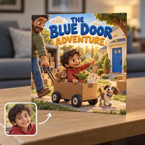 Book about moving for kids, The Blue Door Adventure: dad pulls a boy in a wagon of boxes toward their new house