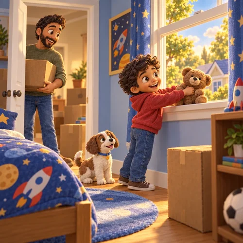 Inside page of a book about moving: Omar sets his teddy bear on the windowsill of his new bedroom