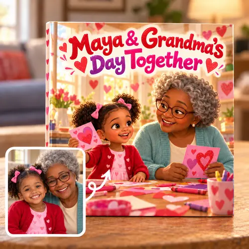 Valentine's book made from a grandmother and granddaughter photo: Maya & Grandma's Day Together, the two of them making heart cards at the table