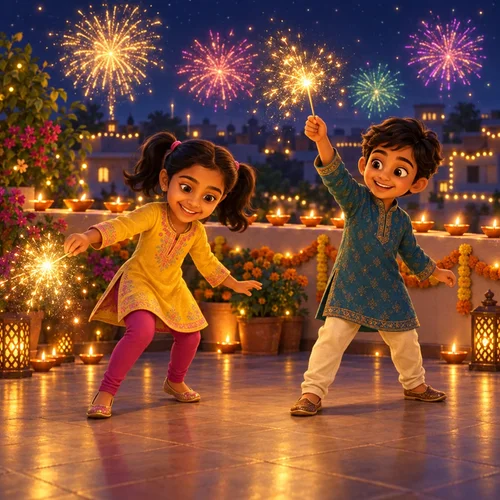Inside page of a personalized Diwali book: Priya and her cousin light sparklers on the rooftop under fireworks