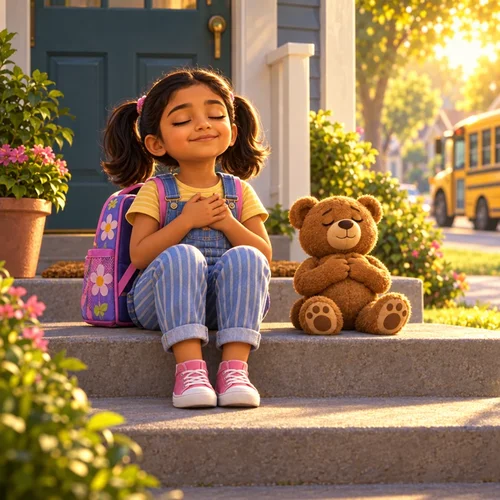 Inside page of a book for worried kids: Priya and her teddy bear take a slow deep breath on the step before school