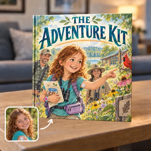 Type 1 diabetes storybook, The Adventure Kit: a girl wearing a glucose sensor spots a cardinal on a nature hike