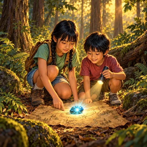 Inside page of a sibling storybook: a sister and brother study a map by flashlight around a glowing star stone