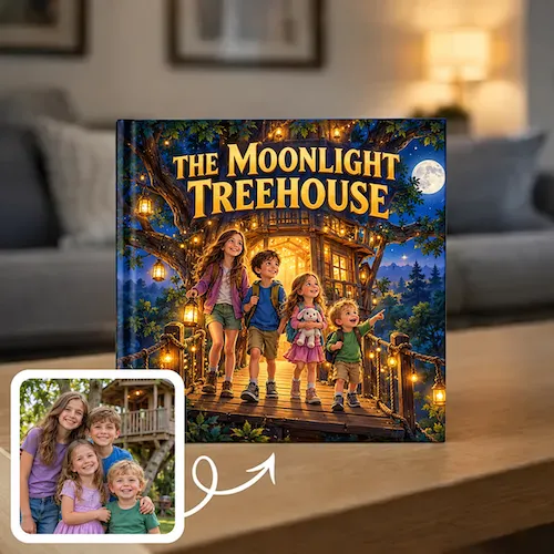 Sibling storybook, Noah's Treehouse: a boy and girl climb the stairs to their patchwork treehouse